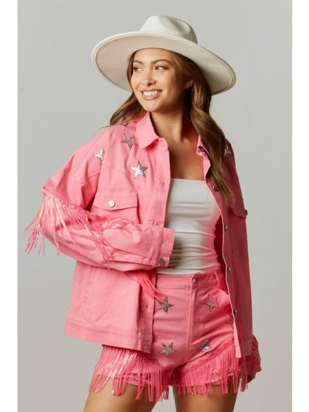 Western Diva Star Sequin Patch Fringe Jacket in Pink - Picture 2 of 9